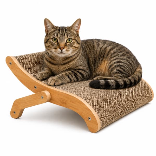 Indoor tabby cat relaxing on a 3-in-1 wooden cat scratching bed and lounge with a curved cardboard scratching surface, designed for healthy scratching, stretching and comfortable lounging.