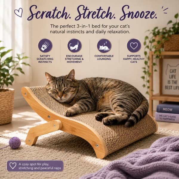 Relaxed indoor tabby cat sleeping on a 3-in-1 wooden cat scratching bed and lounge, providing a comfortable place for scratching, stretching, daily enrichment and peaceful naps.