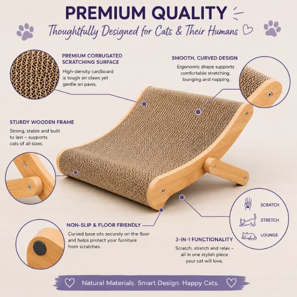 Premium 3-in-1 wooden cat scratching bed infographic showing the corrugated scratching surface, sturdy wooden frame, ergonomic curved design, non-slip base and multifunctional lounge for indoor cats.
