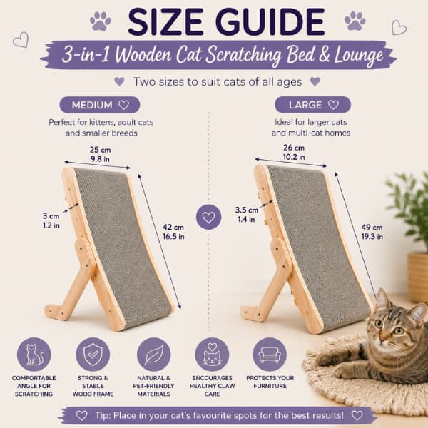 Size guide showing the medium and large 3-in-1 wooden cat scratching bed and lounge with dimensions, suitable for kittens, adult cats and larger indoor cats.
