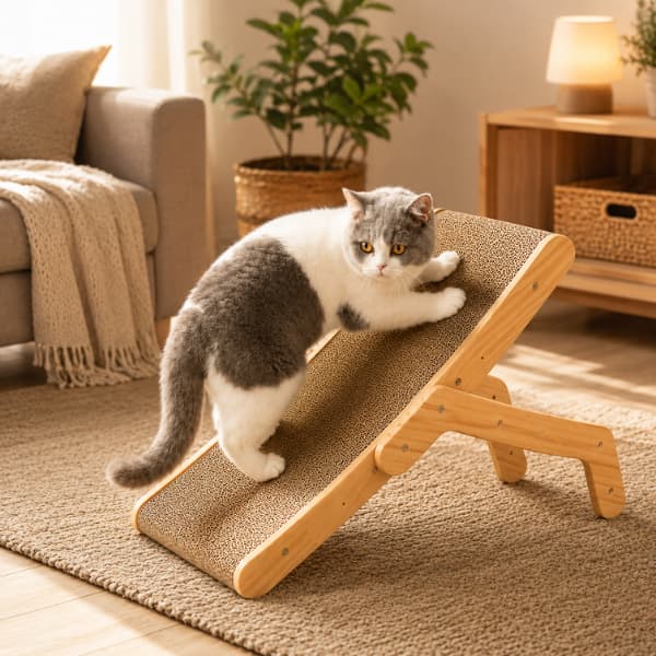 Grey and white indoor cat using a wooden cat scratching ramp in a warm modern living room, encouraging healthy scratching, stretching and daily exercise while protecting furniture.