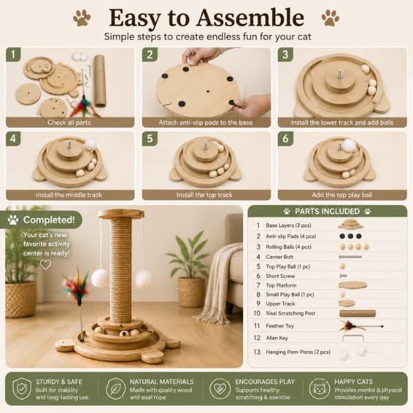 Wooden cat turntable toy assembly guide showing step-by-step setup, included parts, sisal scratching post, rolling balls and hanging toys for interactive indoor cat enrichment.