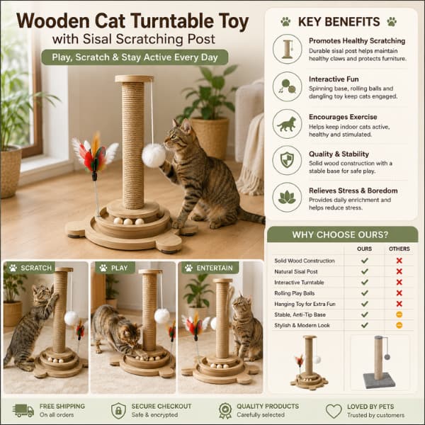 Tabby cat playing with a wooden cat turntable toy featuring a sisal scratching post, rolling balls and hanging feather toy, with key benefits for healthy scratching, exercise and indoor enrichment.