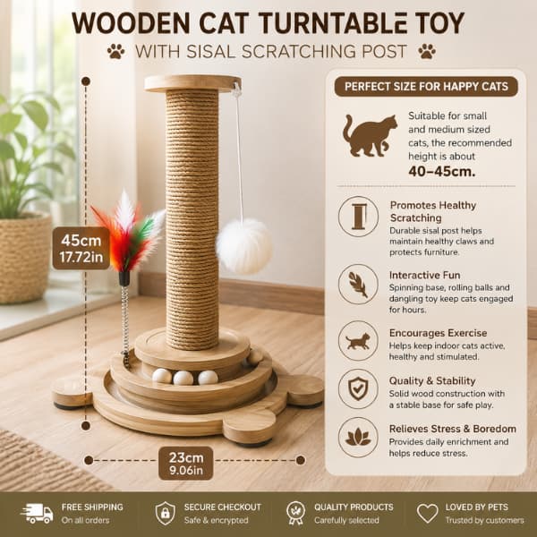Wooden cat turntable toy with sisal scratching post size guide showing 45cm height and 23cm base diameter, with key benefits for healthy scratching, exercise and interactive indoor cat enrichment.