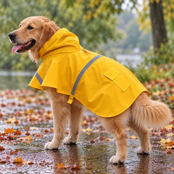 Golden retriever wearing a yellow cape-style raincoat on a wet park path, showing the back coverage, reflective strip and flap pocket.