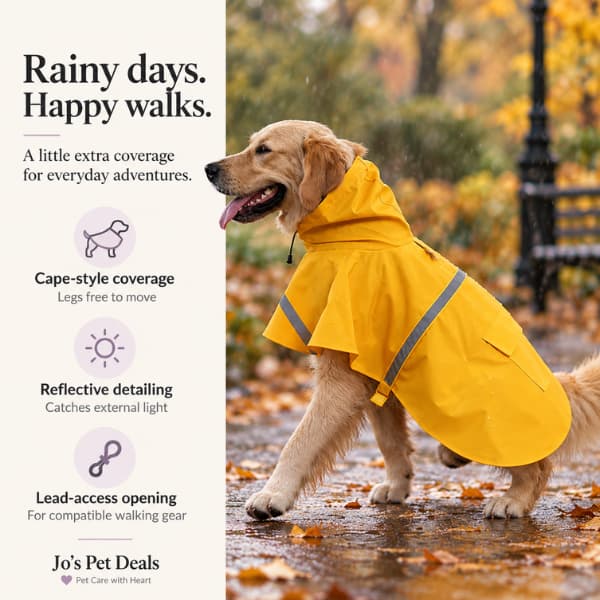 Golden retriever in a yellow raincoat beside benefits highlighting cape-style coverage, reflective detailing and a lead-access opening.