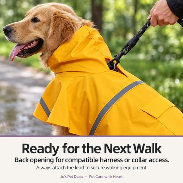 Golden retriever wearing a yellow raincoat, showing a lead attached to a harness through the back opening.
Your six-image product set is complete
