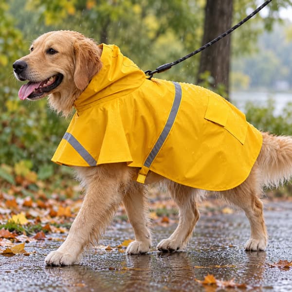 Golden retriever walking on a wet park path wearing a yellow hooded cape-style raincoat with reflective strips.