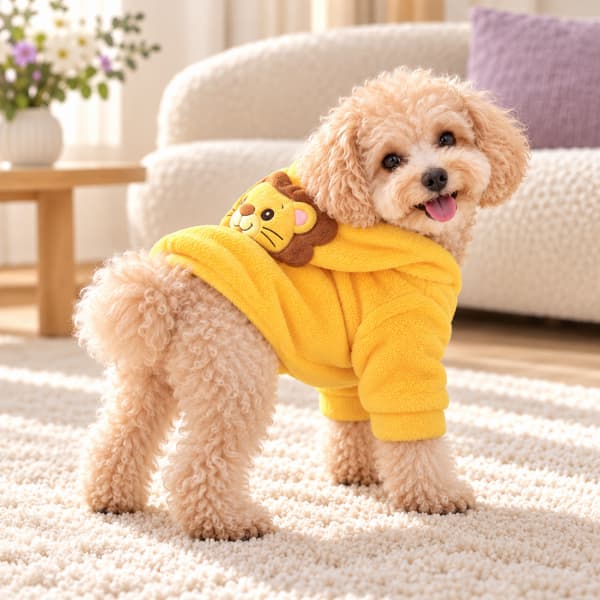 Apricot toy poodle standing in a yellow plush lion hoodie with the hood resting on its back, looking towards the camera.