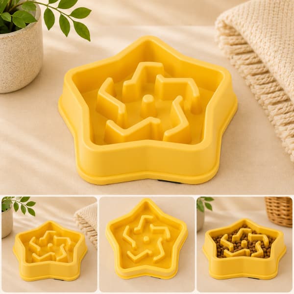 Premium yellow star-shaped slow feeder bowl for dogs and puppies designed to encourage slower eating and healthier digestion